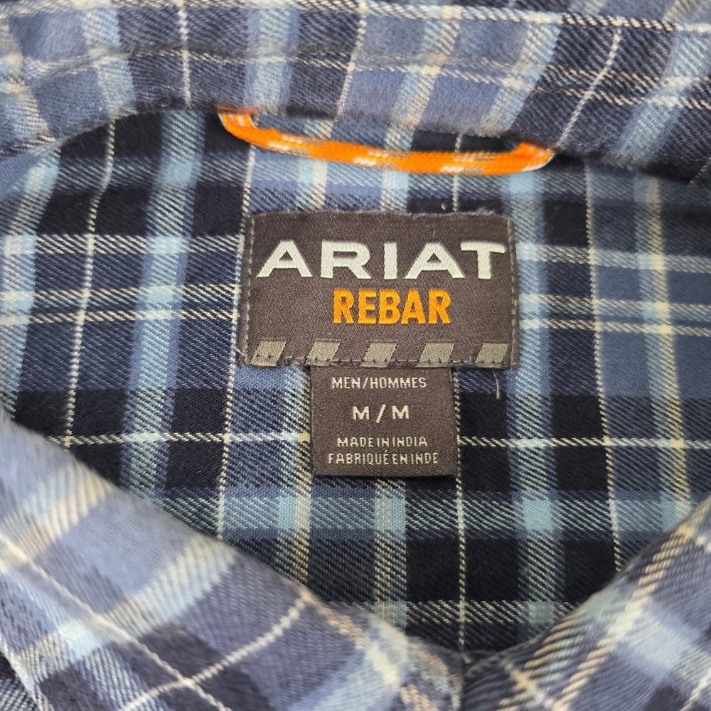 Ariat Rebar Flannel Shirt Mens Medium Blue Plaid Workwear Button Down Pockets - Picture 2 of 8